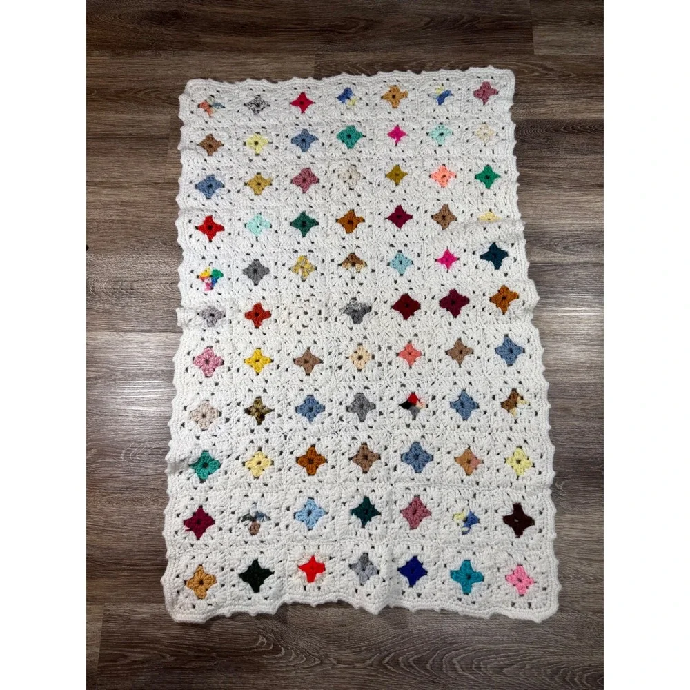 Vintage Handmade Crochet Granny Square Baby Blanket White Multi Color Boho Throw